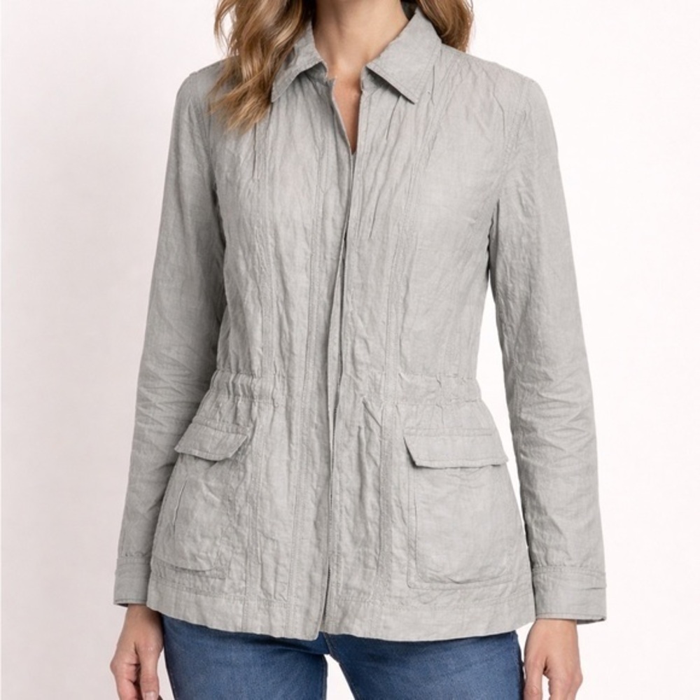 Eileen Fisher Gray Metallic Cotton Blend Rumpled Utility Jacket S51UM-3 S/M